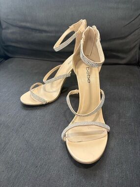 bebe Champagne Rhinestone-Strap Stiletto Sandals